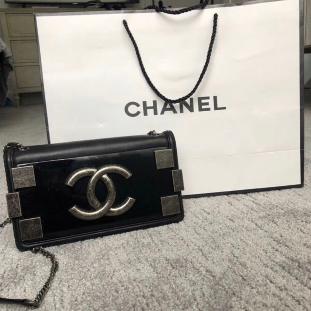 Chanel brick boy bag used purse black lamb skin